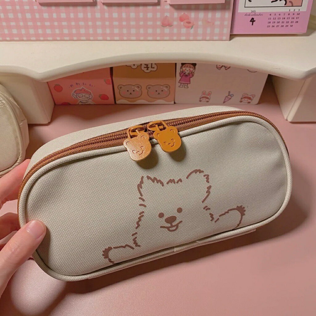 ins 熊熊 大容量 帆布筆袋 拉鍊款 筆袋 文具袋 帆布筆袋 學生筆袋 鉛筆盒 化妝包 『蓁澄媽好物』筆袋 3