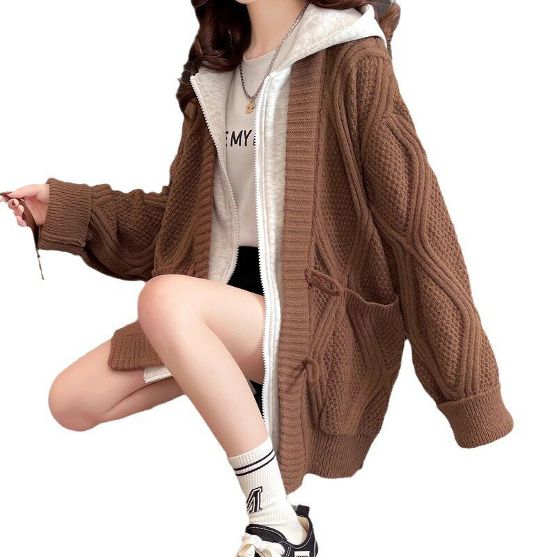 女裝 外套 韓系風 氣質上衣 韓版   衛衣假兩件連帽毛衣外套女春秋新款寬鬆慵懶風中長款加厚針織開衫 治裝激推 1