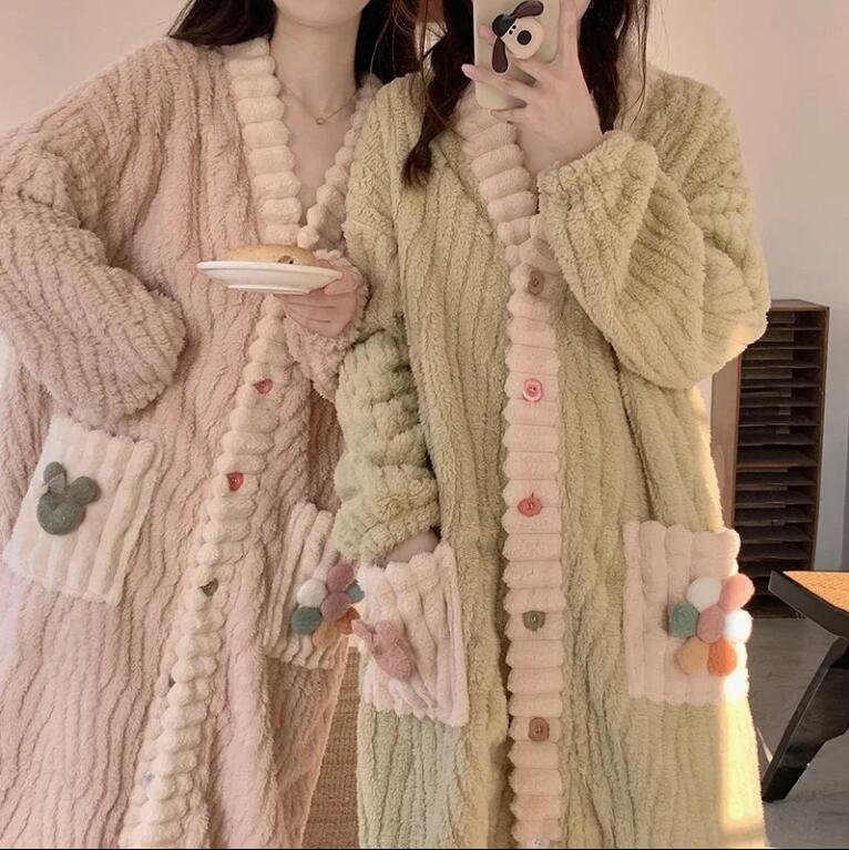 加厚浴袍女款秋冬季珊瑚絨甜美睡袍中長款冬天可愛女士睡衣睡裙【步行者戶外生活館】