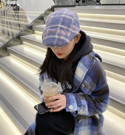 韓版格紋前進帽秋冬英倫風畫家帽毛呢保暖復古鴨嘴帽子女