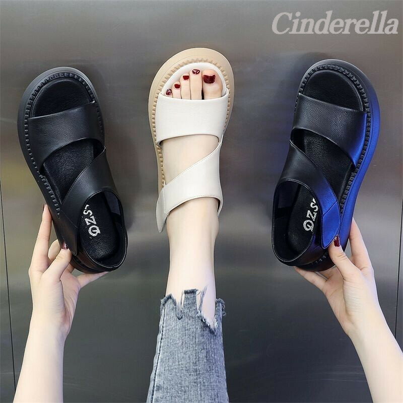 Cinderella 真皮百搭鬆糕厚底孕𡠹軟底露趾沙灘女鞋 涼鞋 涼鞋女 平底涼鞋 時尚涼鞋 休閒涼鞋 戶外涼鞋