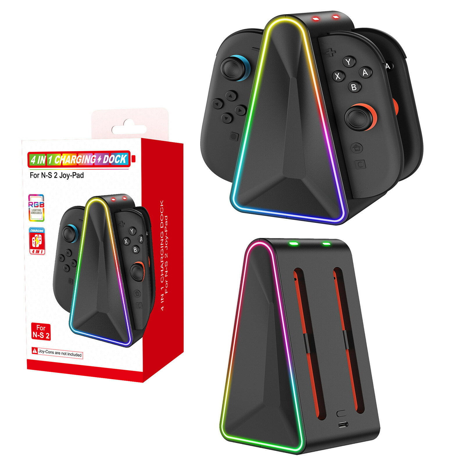 Switch2代左右手柄四合一座充NS2小手柄三角座充帶RGB炫彩燈光