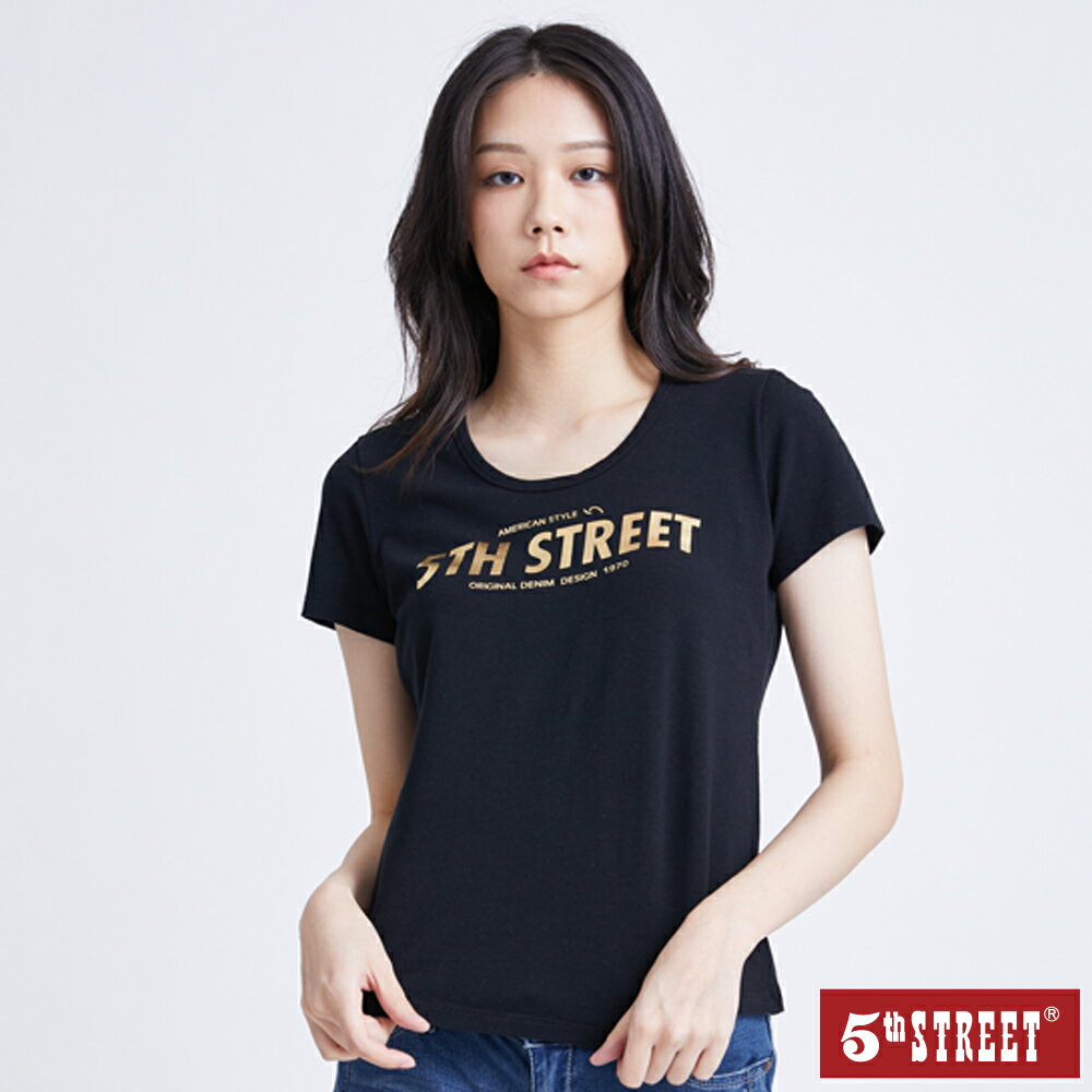 女燙金粗體LOGO短袖T恤-黑色【5th STREET】【APP下單享最高9%點數】