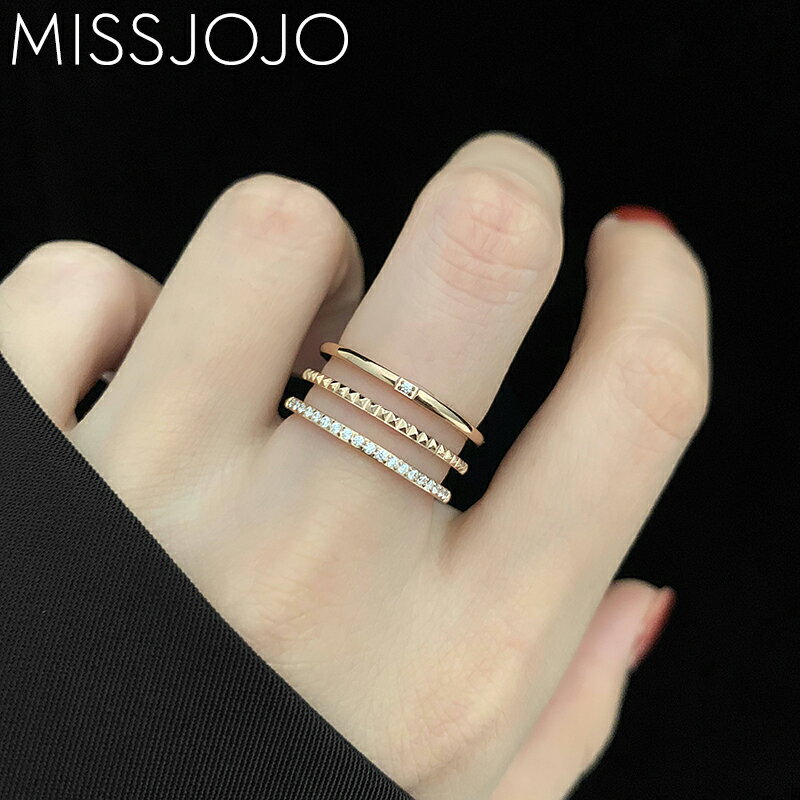 日韓版簡約多層三層鏤空鑲鉆寬版鈦鋼鍍18K玫瑰金食指戒指尾戒女