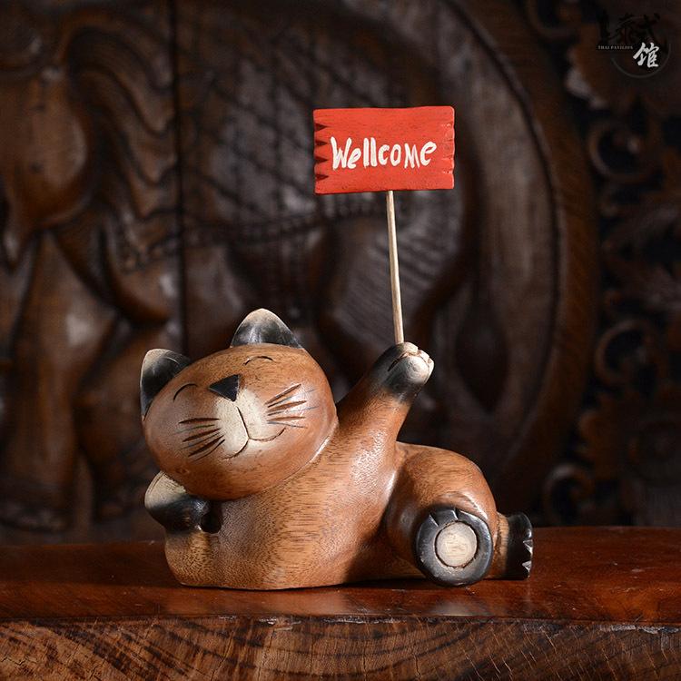 泰國實木歡迎光臨小貓擺件家居玄關木質可愛小貓咪兒童房裝飾擺設