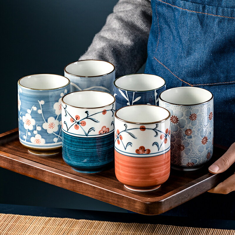 日式和風陶瓷茶杯手繪直身杯復古酒杯小茶杯單個喝茶彩繪水杯品茶