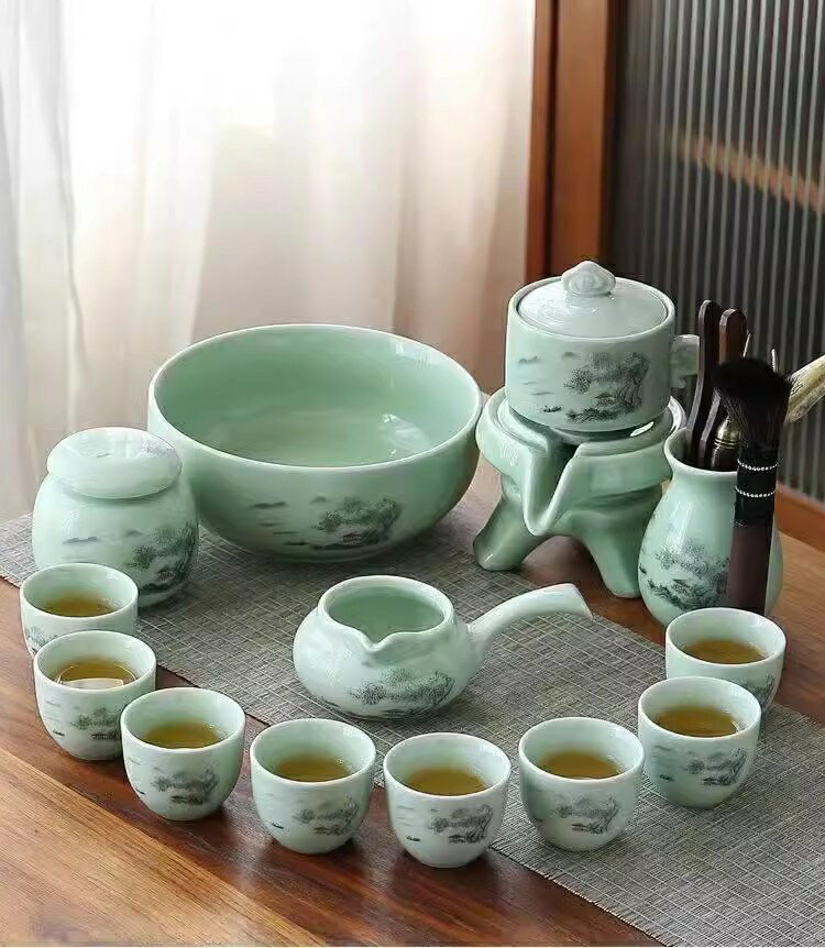 青瓷懶人石磨茶具套裝功夫茶具茶杯家用自動泡茶器陶瓷茶壺茶盤