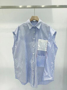 韓國夏季復古條紋寬松藍色口袋無袖薄款襯衫女上衣