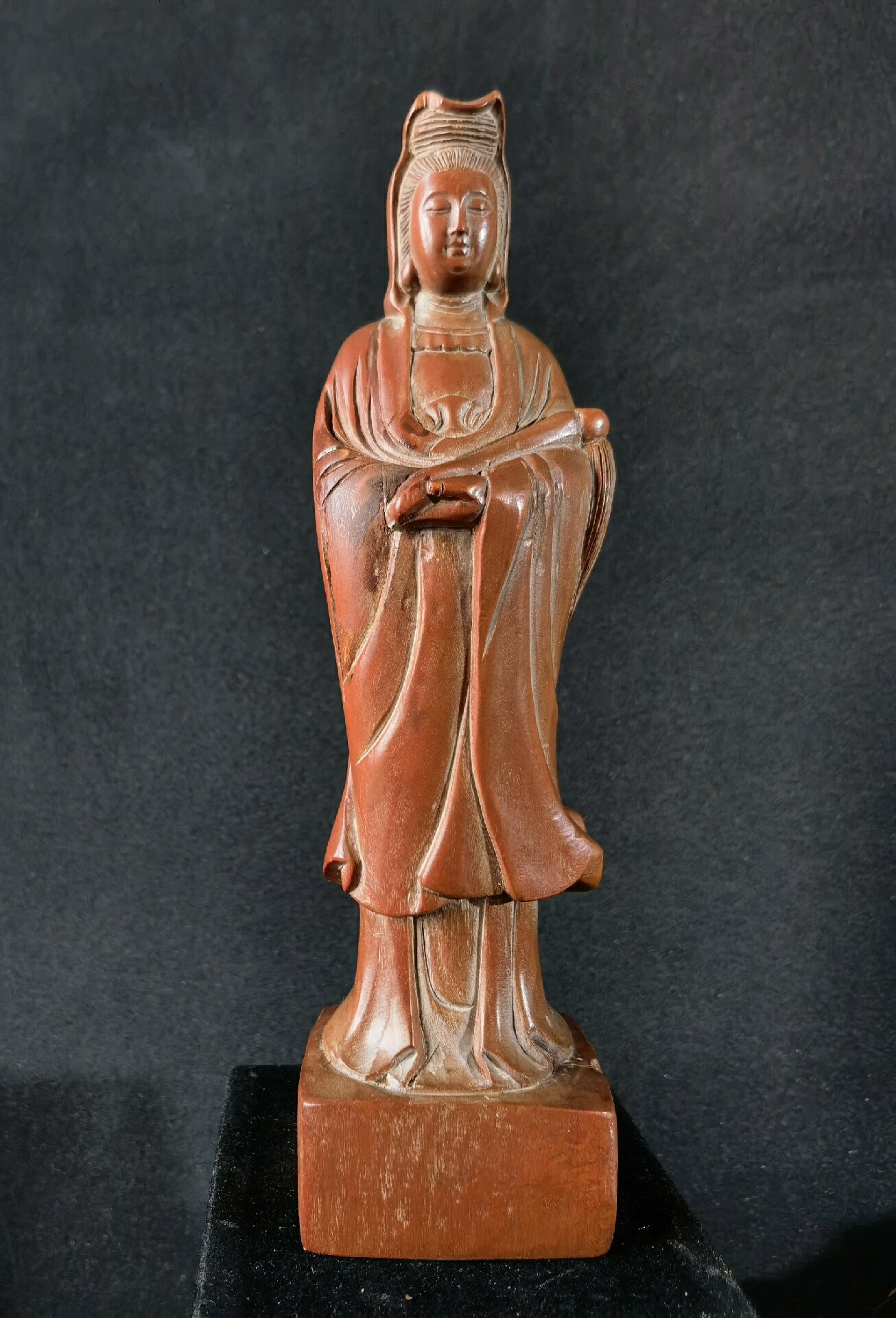 一款七十年代左右老黃楊木雕~觀世音菩薩，高20直徑5厘米，重