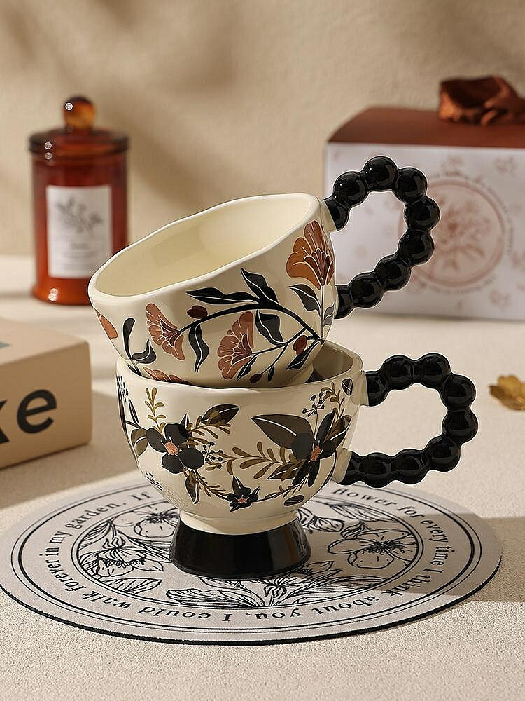 早餐杯 法式復古馬克杯陶瓷高腳杯早餐杯子伴手禮女士高顏值喝水杯咖啡杯