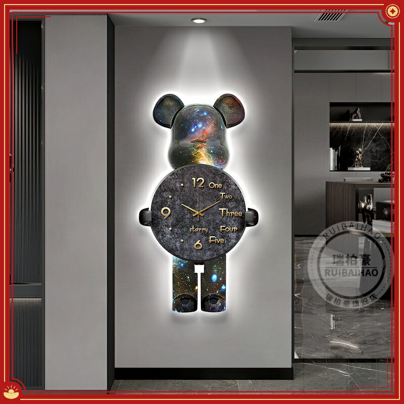 時鐘掛鐘 暴力熊玄關背景牆裝飾畫 客廳走廊過道掛畫 led燈帶鐘錶餐廳裝飾畫帶時鐘畫