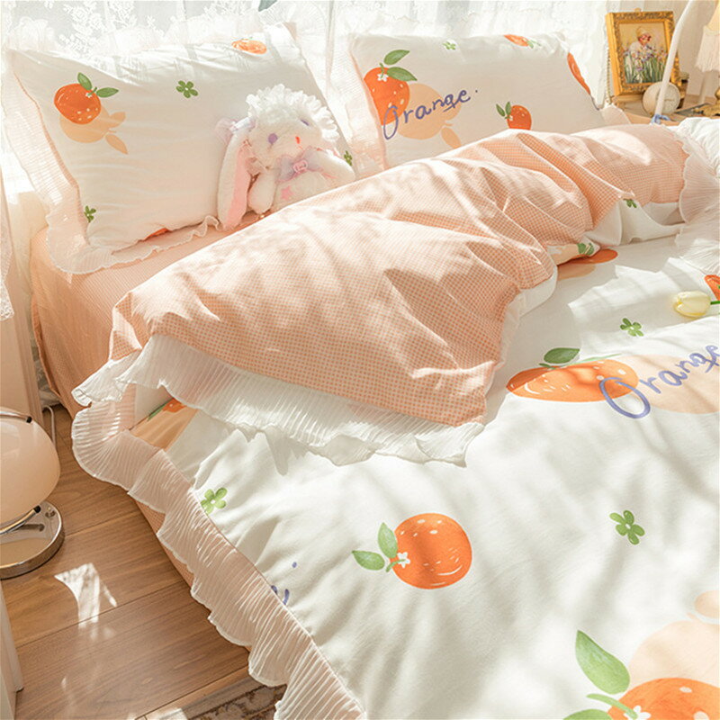 韓式橙子水洗棉床上四件套北歐風ins床單被套三件套床笠款小清新4