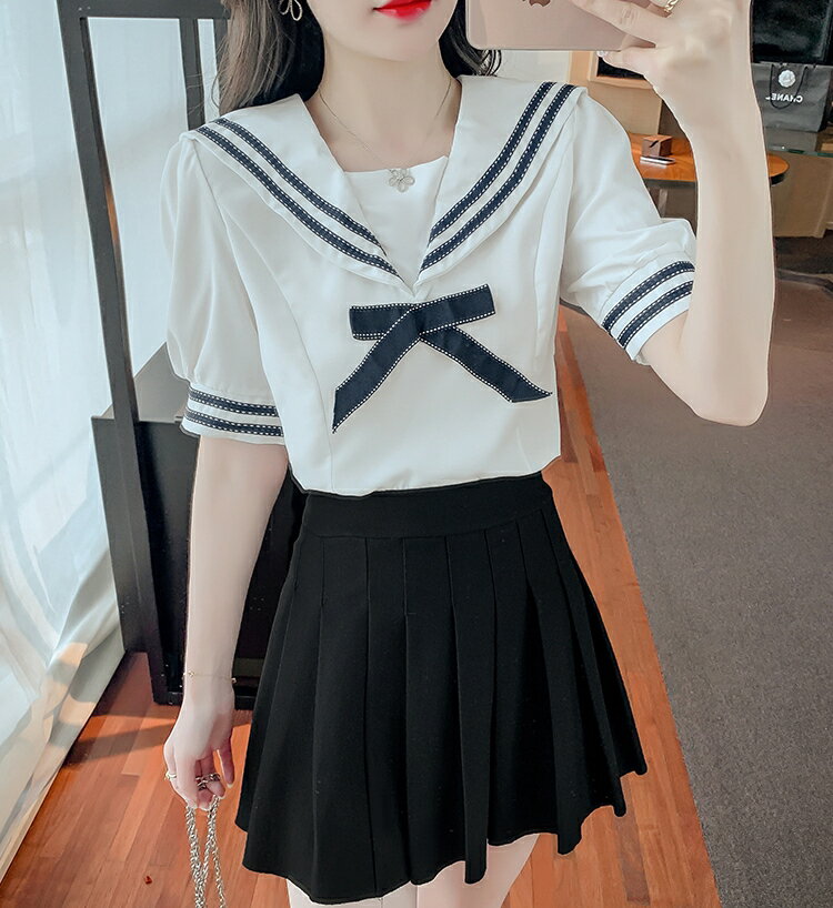 學院風甜美減齡套裝學生海軍領襯衫少女百褶半身裙jk制服裙兩件套
