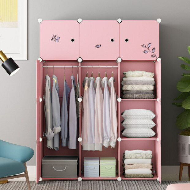 衣櫃 簡易衣柜 女生臥室出租房家用現代簡約組裝塑料實木掛布藝衣櫥柜子 快速出貨