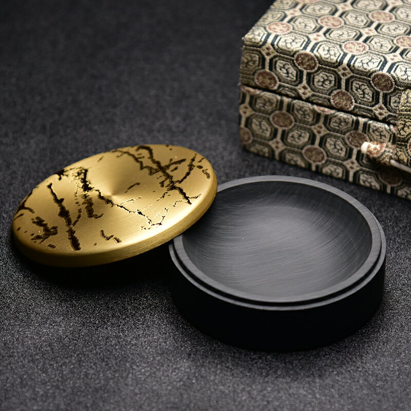硯台 精品高檔珍藏天然原石老坑水波紋帶黃銅蓋文房四寶紙墨筆硯套裝書法國畫研磨墨塊專用歙硯端硯硯台【MJ19263】