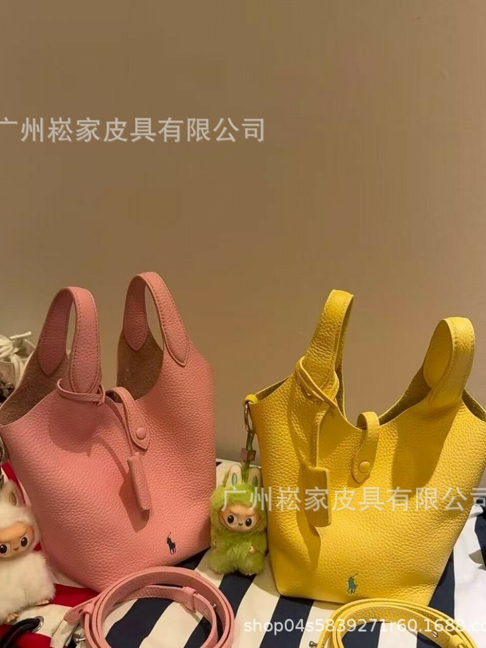 Polo菜籃子包荔枝紋頭層牛皮水桶包麂皮單肩斜背手提托特女包