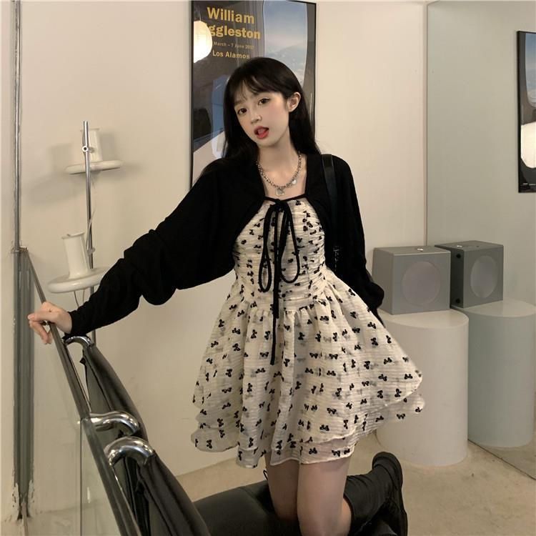 長袖套裝吊帶辣妹連衣裙女夏設計感小個子防曬開衫時尚上衣外套兩件套新款【倪醬】