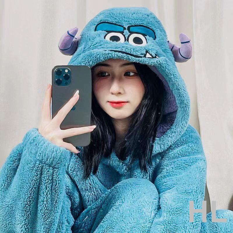 華隆居家 小怪獸蘇利文睡袍加厚珊瑚絨長款少女小熊睡衣女冬款網紅家居服厚