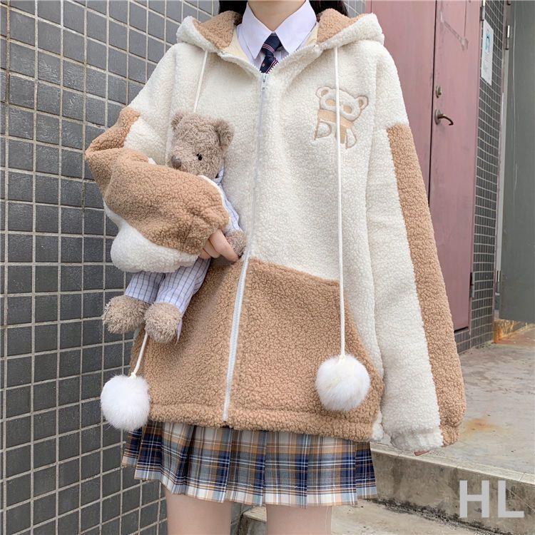 HL 羊羔毛開衫外套女學生日系寬松百搭刺繡拼接拼色拉鏈加絨連帽衛衣