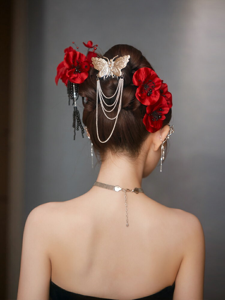 新娘頭飾黑色禮服紅色敬酒服氣質花朵發簪蝴蝶插梳時尚結婚配飾品