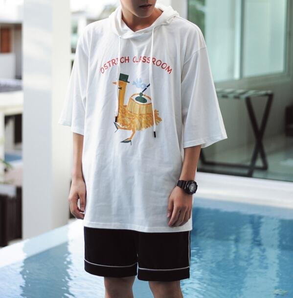 FINDSENSE MD 韓國 潮 男 時尚 連帽 卡通圖案印花 短袖T恤 特色T恤 圖案T 打底衫 上衣