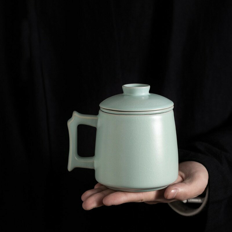 馬克杯陶瓷帶蓋水杯天青汝窯開片茶水分離泡茶杯個人專用杯子