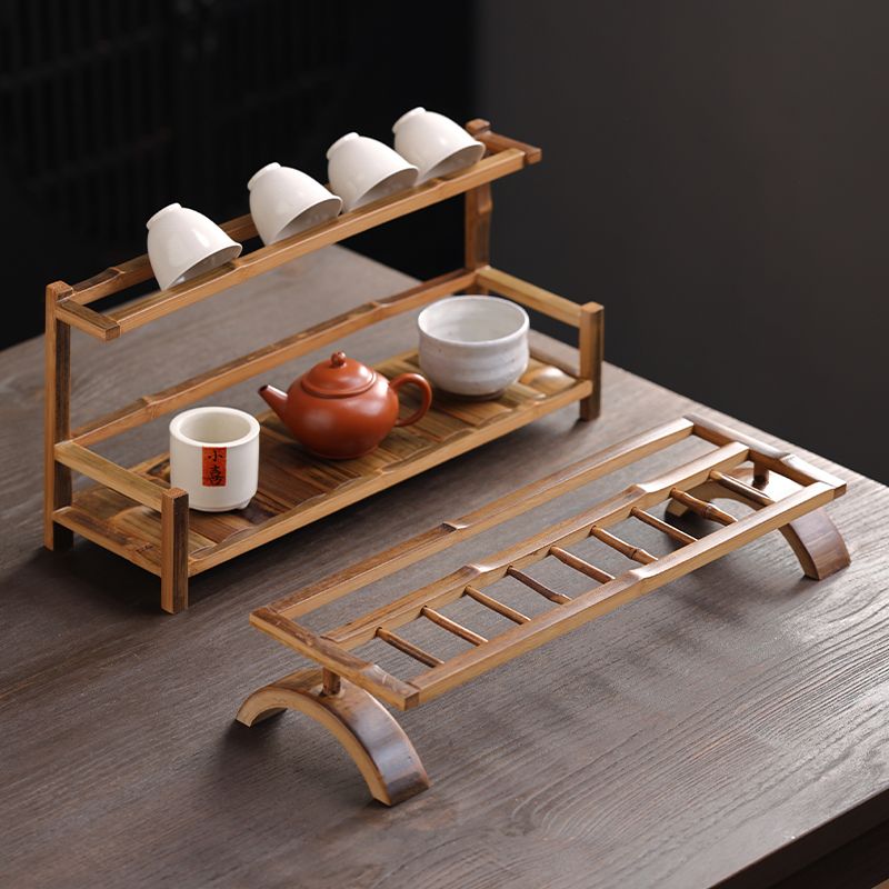 茶杯收納展示架竹製雙層茶壺收納架茶桌茶杯瀝水架子小型博古架181YJ 公司貨