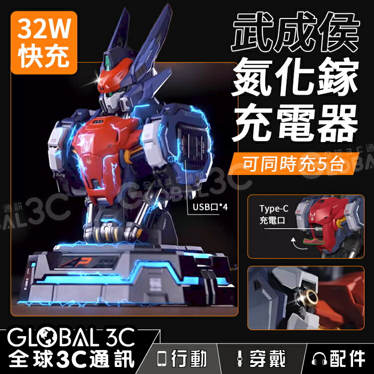 【4%點數】二代武成侯氮化鎵充電器 32W快充 多孔充電 LED燈 鋼彈造型 電競桌面擺件 Type-C USB 手辦 模型