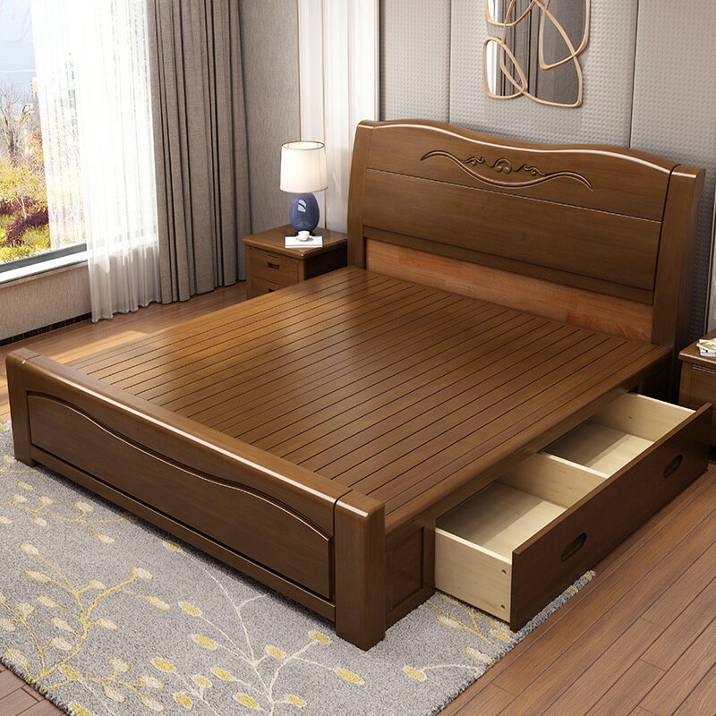 優樂悅~實木床現代簡約中式1.5m兒童單人床主臥床儲物出租房1.8米雙人床