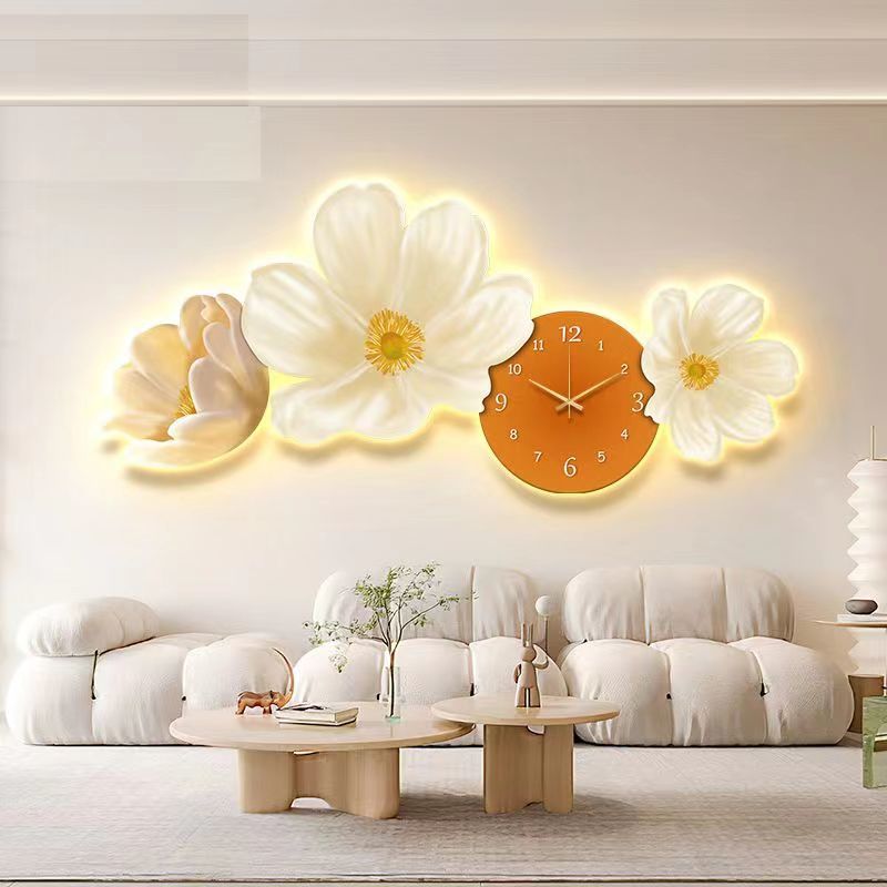 花卉沙發背景墻壁掛畫新款LED燈時鐘家用輕奢床頭客廳掛鐘新款