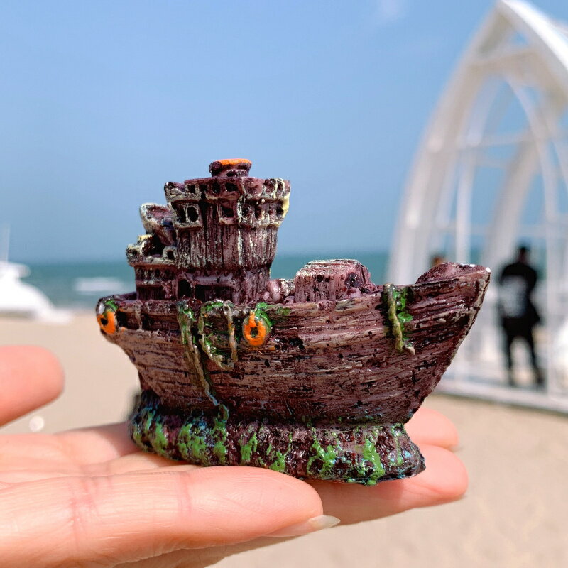 海盜船沉船魚缸水族造景裝飾品地中海風格海洋景觀躲避屋樹脂擺件 2
