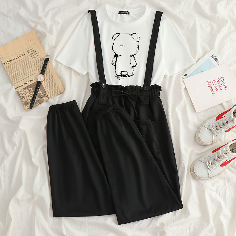 單/套裝新款九分休閑闊腿褲學生背帶褲寬松短袖t恤閨蜜兩件套女
