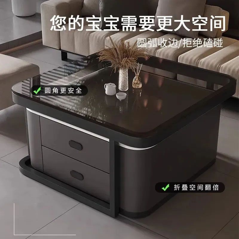 免運開發票 巖板茶幾客廳家用玻璃新款輕奢現代簡約正方形桌子帶抽屜茶幾組合 樂天最低價 快速出貨