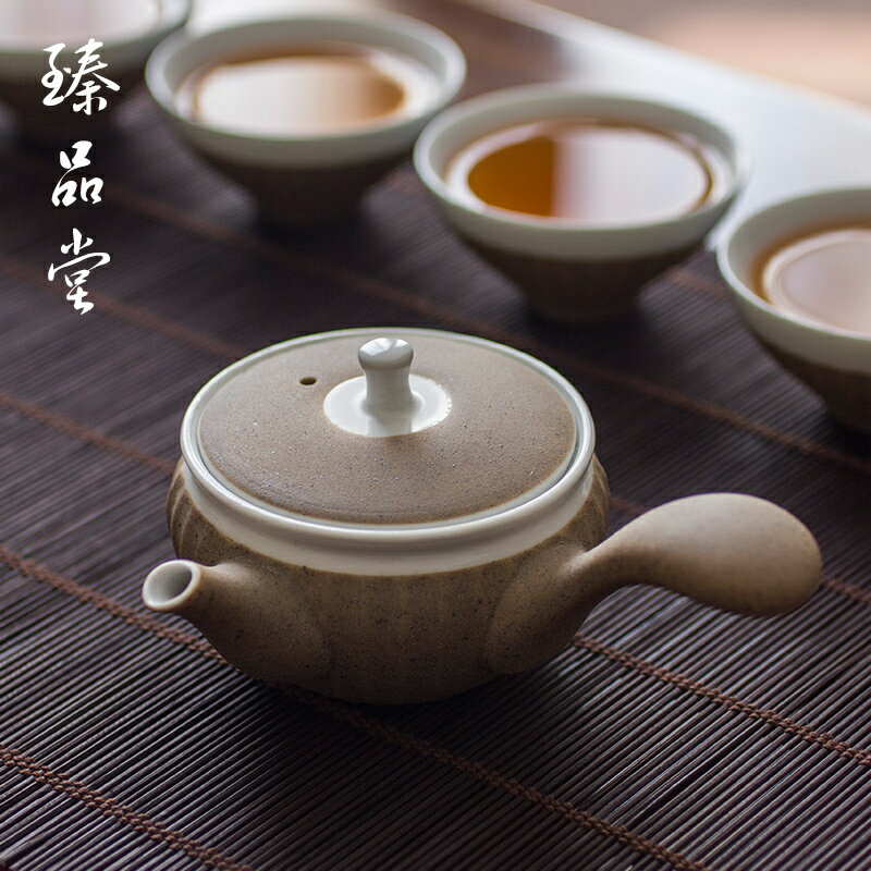 線紋側把壺 家用過濾泡茶器茶壺功夫茶具青瓷粗陶黑陶 陶瓷小單壺1入