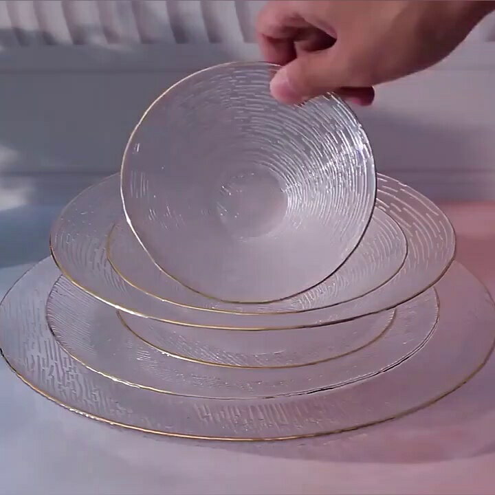 日式橫紋金邊玻璃盤家用餐具套裝水果盤子甜品沙拉碗餐盤碟子精致