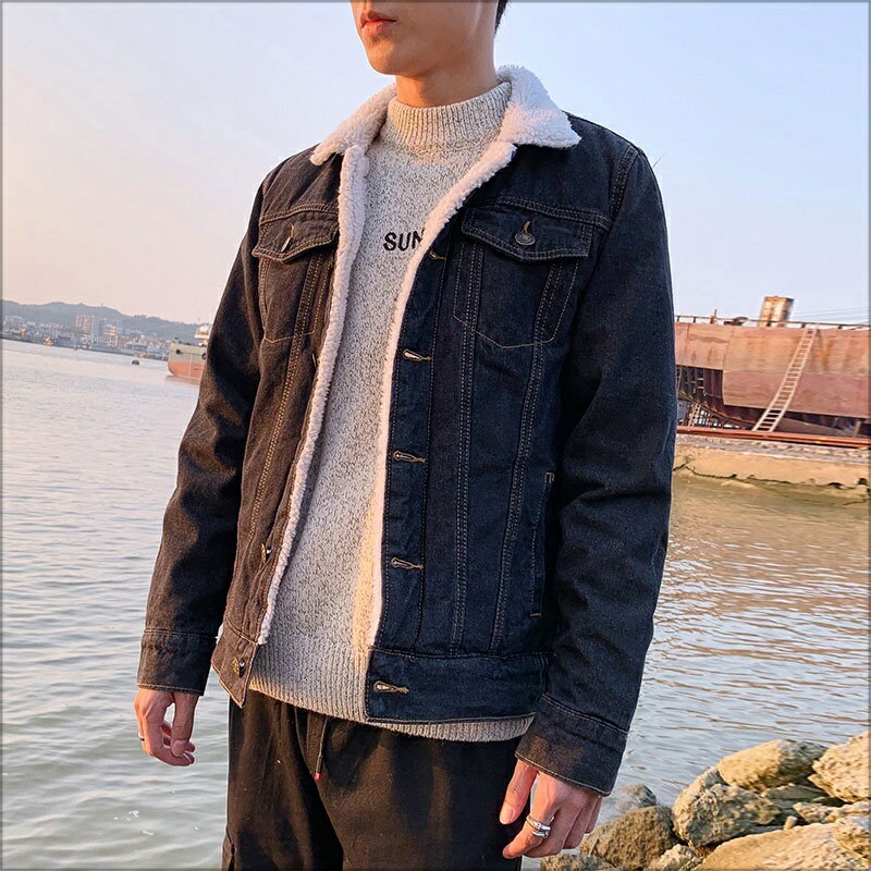 【深藍L】羊羔毛牛仔外套‧經典款胸前雙口袋單排釦羊羔毛單寧牛仔外套【最後臺灣 出清】