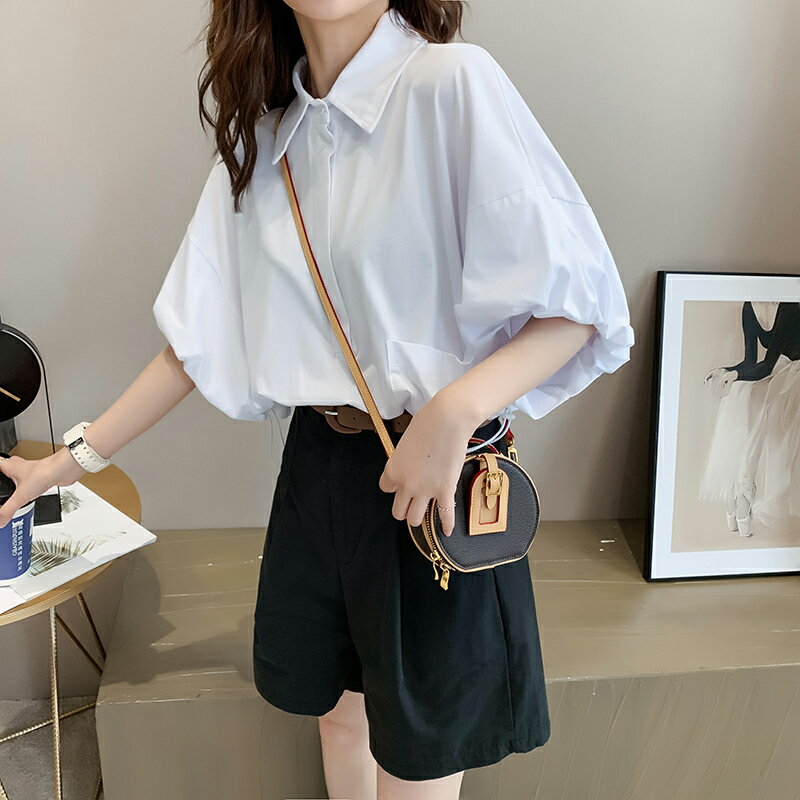 【戚米】夏季薄款泡泡袖方領襯衫女士設計感小眾法式白色上衣韓版
