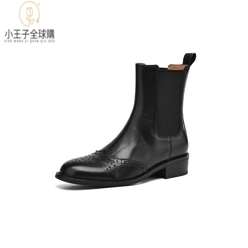 【公司現貨速發】免運 開發票 小短靴 堆堆靴 真皮女鞋 羊皮鞋 小皮鞋 樂福鞋圓頭女靴女年新款秋冬中跟及踝靴黑色英倫切爾西布洛克套筒靴 定製