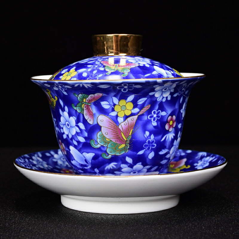 陶瓷三才蓋碗茶杯功夫茶具茶碗景德鎮琺瑯彩青花瓷大小號泡茶碗1入