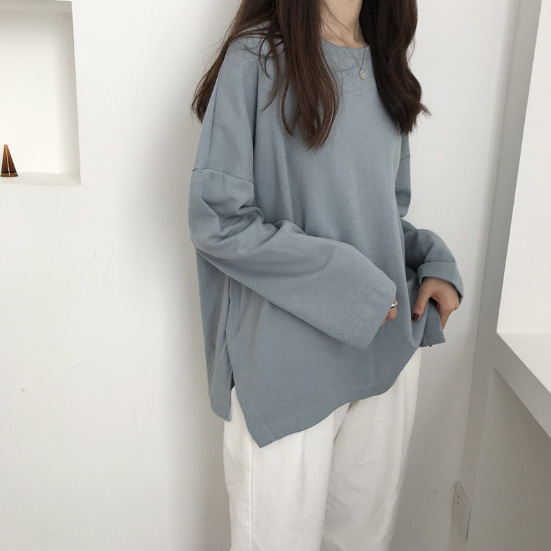 長袖T恤上衣秋衣打底衫圓領女學生韓版寬松原宿慵懶風秋季純色新款【聚寶屋】
