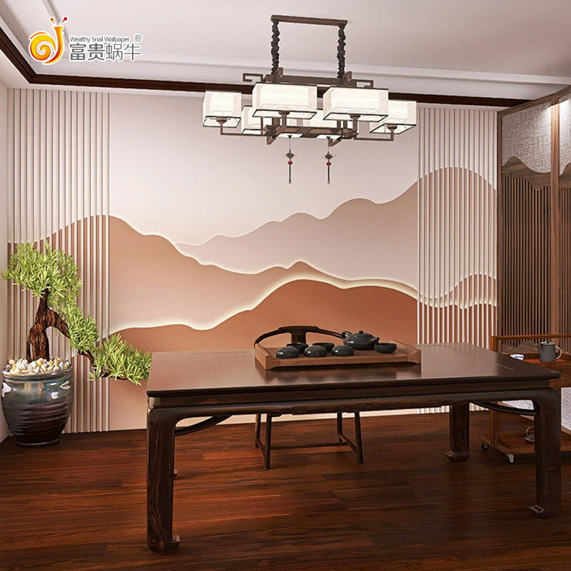 新中式古典山水墻紙仿木紋格柵屏風裝飾高檔美容院養生館茶室壁紙
