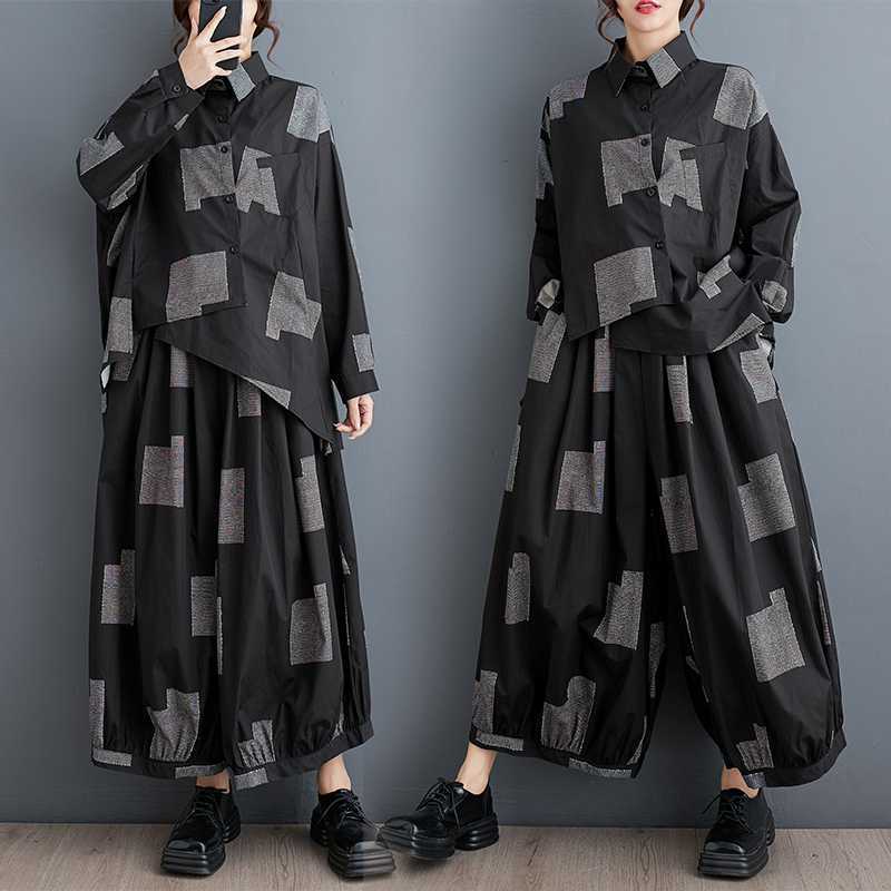 闊腿褲裙-印花不規則上衣燈籠兩件女長褲黑色幾何圖色74jb36【米蘭精品】【獨家進口】