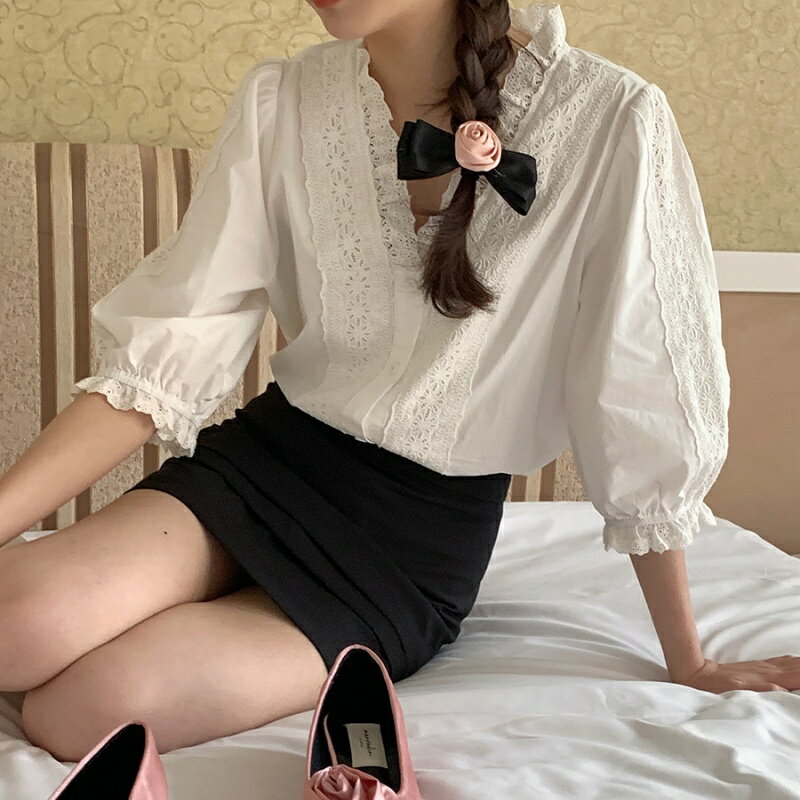 【巴黎精品】襯衫七分袖上衣-法式V領蕾絲棉質女裝a1fx7