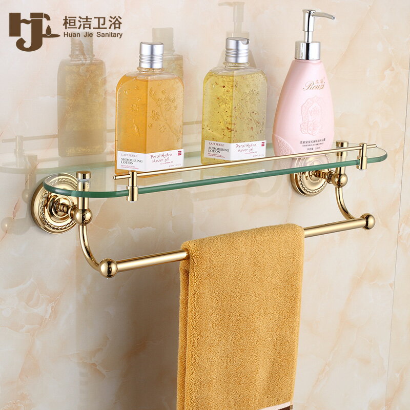 金色化妝品架全銅單層玻璃化妝臺衛生間浴室置物架掛桿掛件架