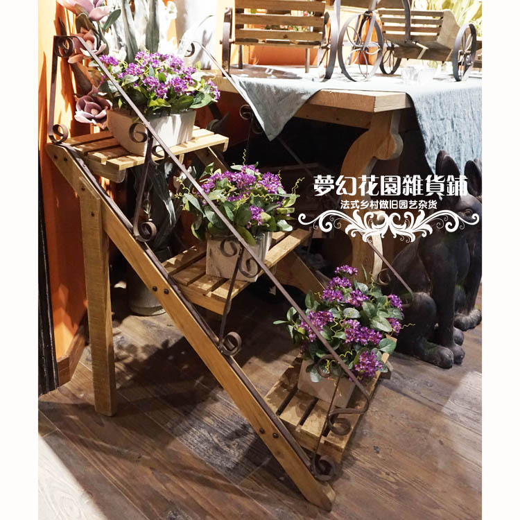 法式鄉村做舊多層樓梯花架服裝店西餐廳櫥窗展示置物架花園庭院架1入