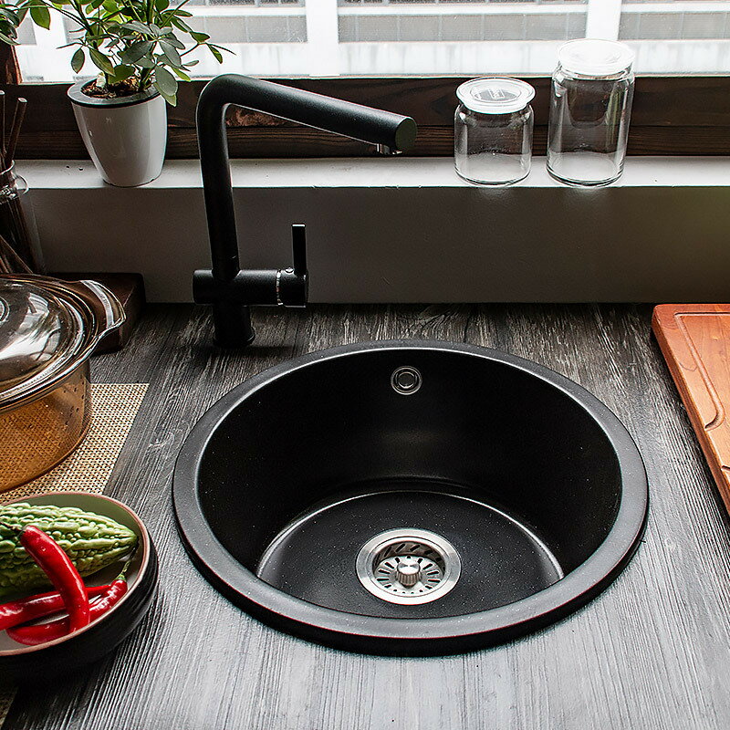 【cupc认证】厨房水槽圆形黑色洗碗槽吧台石英石洗菜盆小尺寸台下