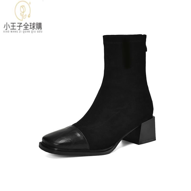 【公司現貨速發】免運 開發票 小短靴 堆堆靴 真皮女鞋 羊皮鞋 小皮鞋 樂福鞋新品絨面拼接方頭低筒靴英倫短筒瘦瘦靴粗中跟靴32-43靴 定製