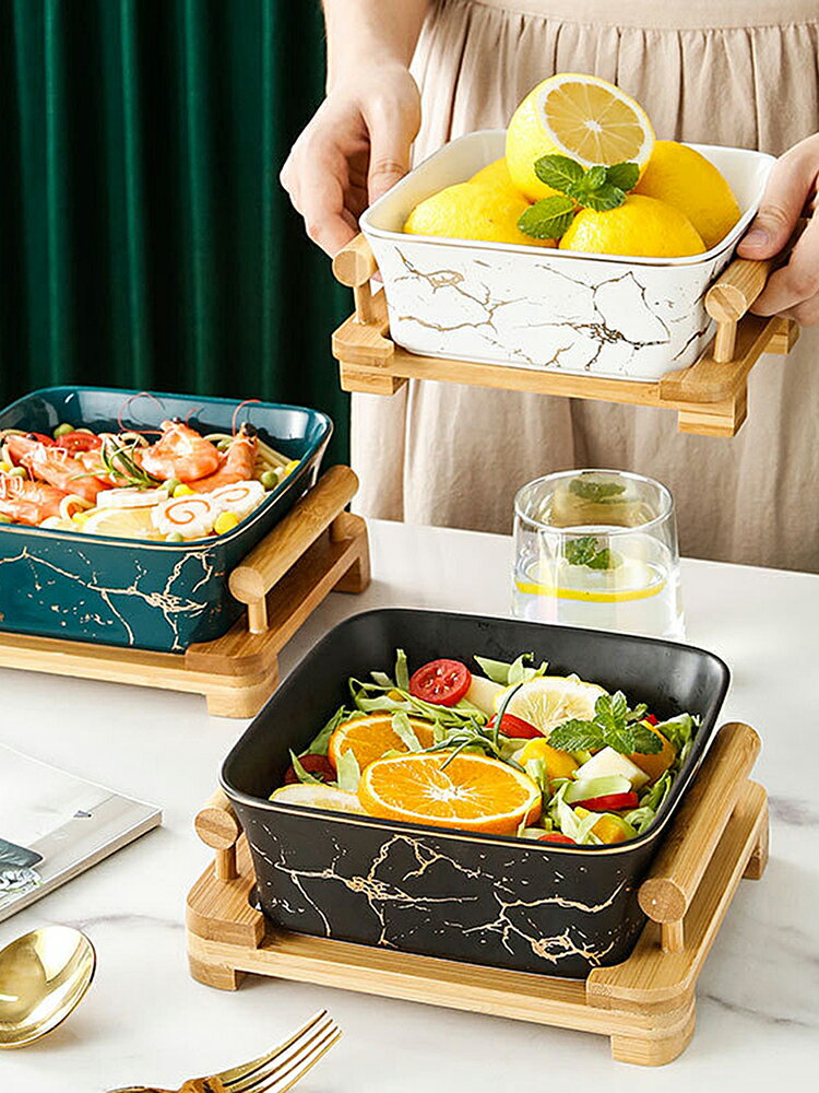 北歐風酒店餐具簡約大理石金紋水果盤方形陶瓷沙拉甜品碗帶木托架