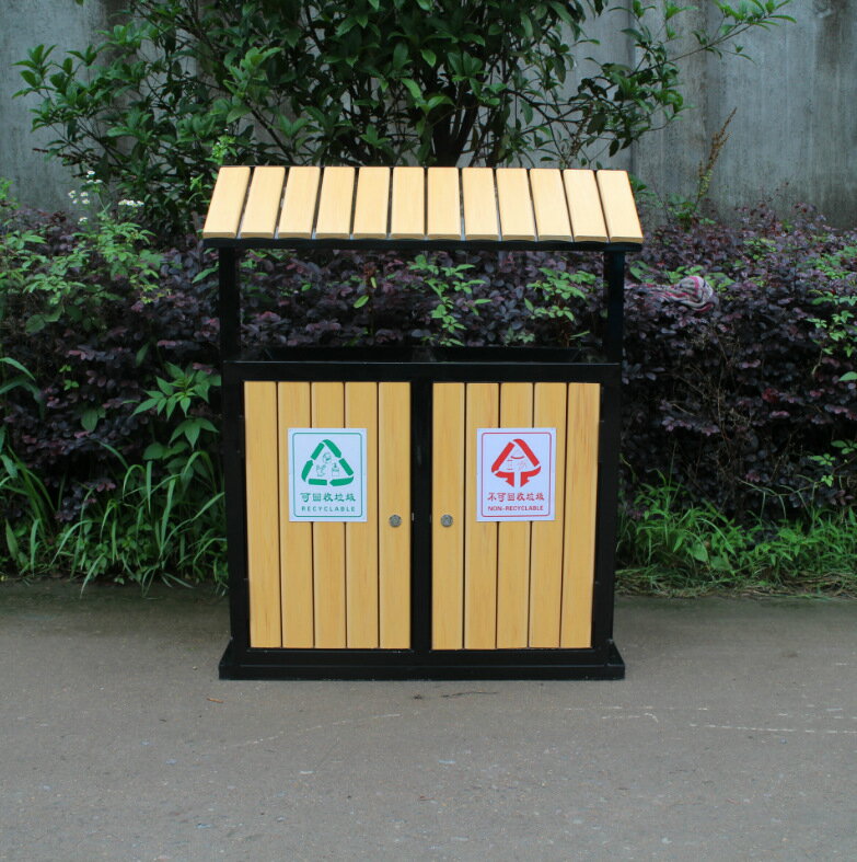 戶外鋼木垃圾桶小區街道雙分類垃圾桶鍍鋅板加塑木組合工藝垃圾箱 全館免運