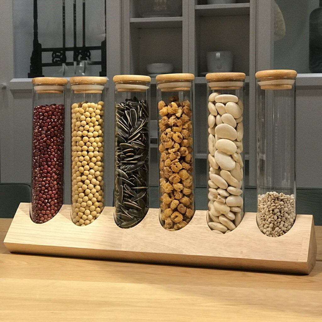 咖啡豆試管展示架 廚房密封罐豆類儲存陳列架玻璃瓶創意實木收納 咖啡用品配件